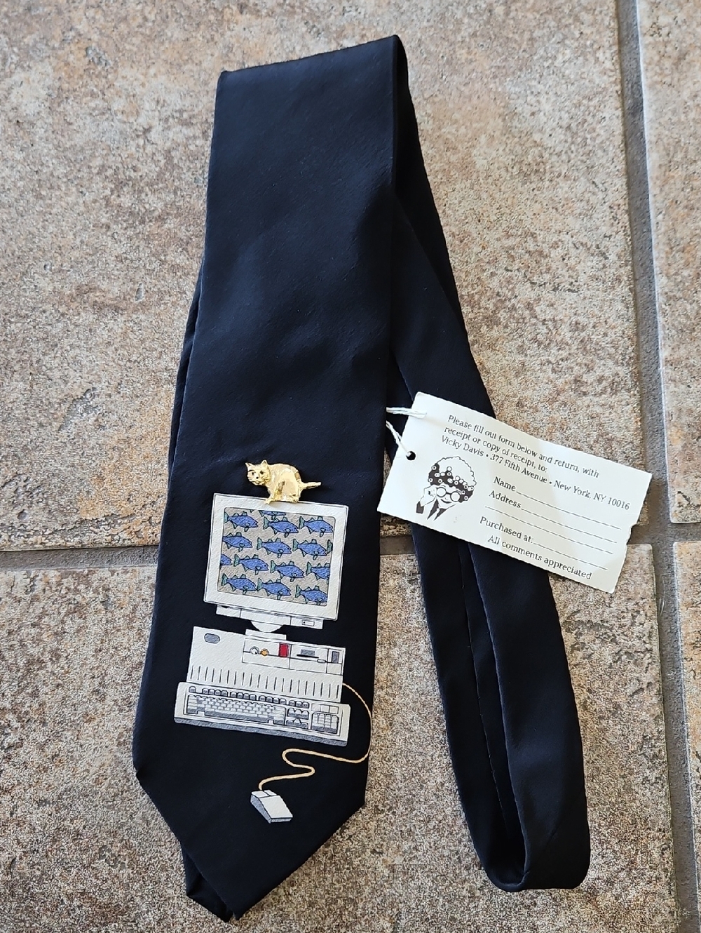 Vicky Davis Novelty Black Silk Tie with Computer & Cat Motif